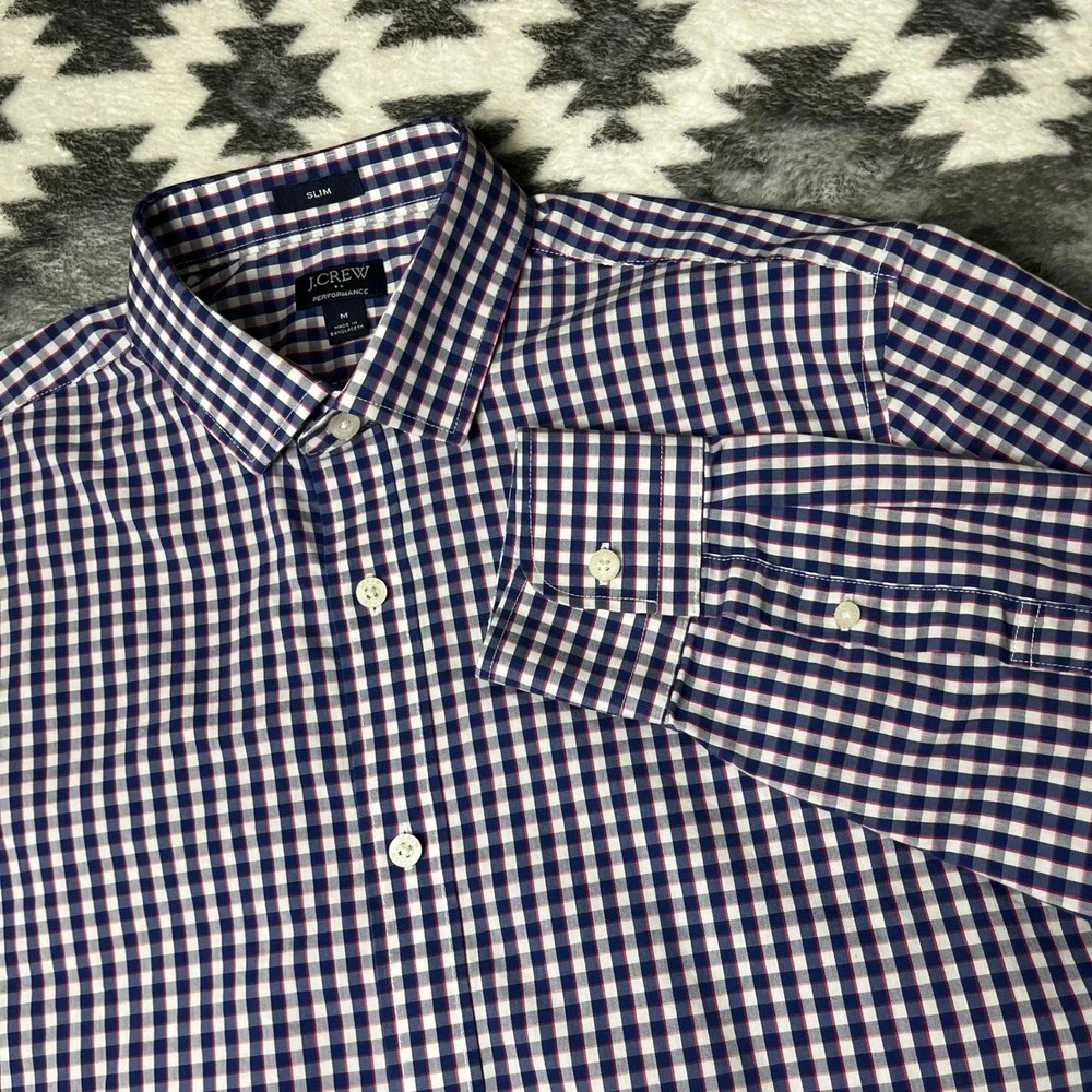 J.Crew Performance Slim Fit Gingham Button Down Shirt Mens Medium Navy Red
